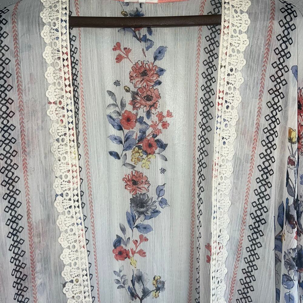 Maurices Crochet Trim Floral Kimono Ivory Coral Blue Sheer Lightweight Long S/M - Picture 4 of 9